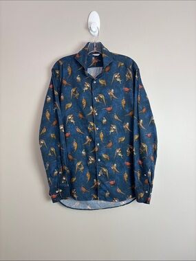 Navy Bird Print Button-Up Shirt Fiited